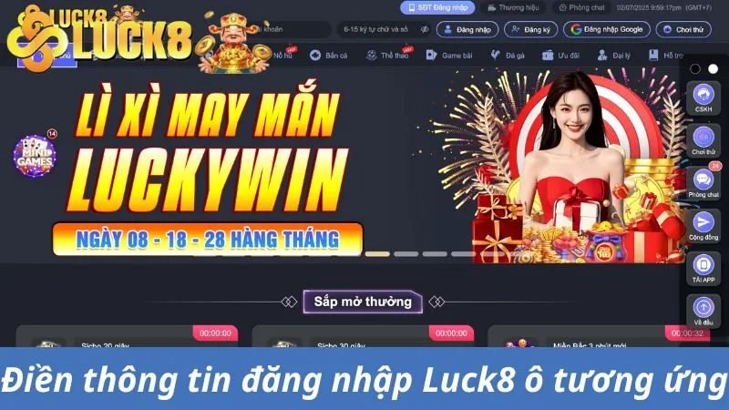 Điền thông tin đăng nhập Luck8 vào ô tương ứng